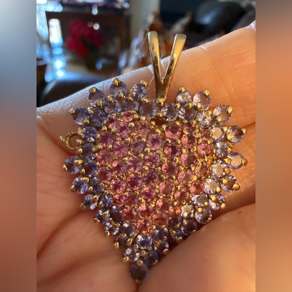 14K Yellow Gold Genuine Tanzanite & Tourmaline Heart Pendant Necklace